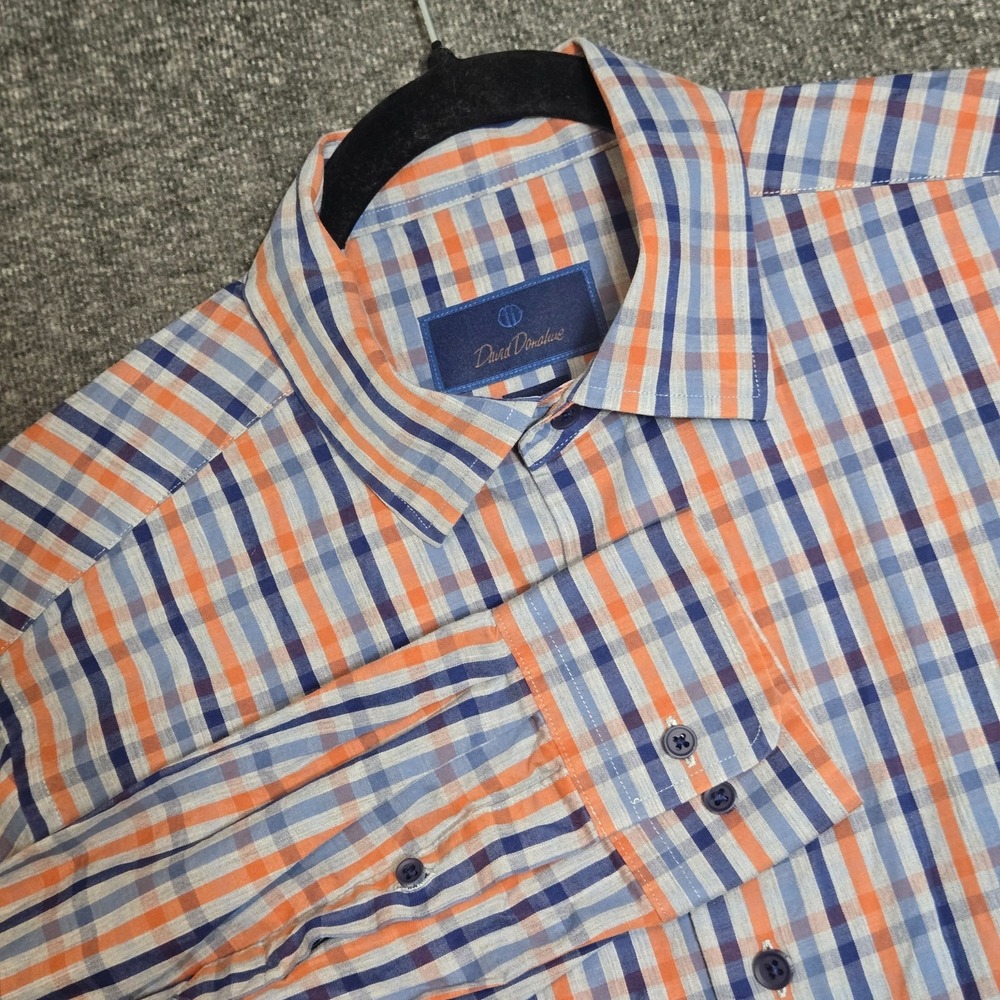David Donahue Fusion Button Up Shirt Mens Size Large 16.5 Blue Orange Gray Check